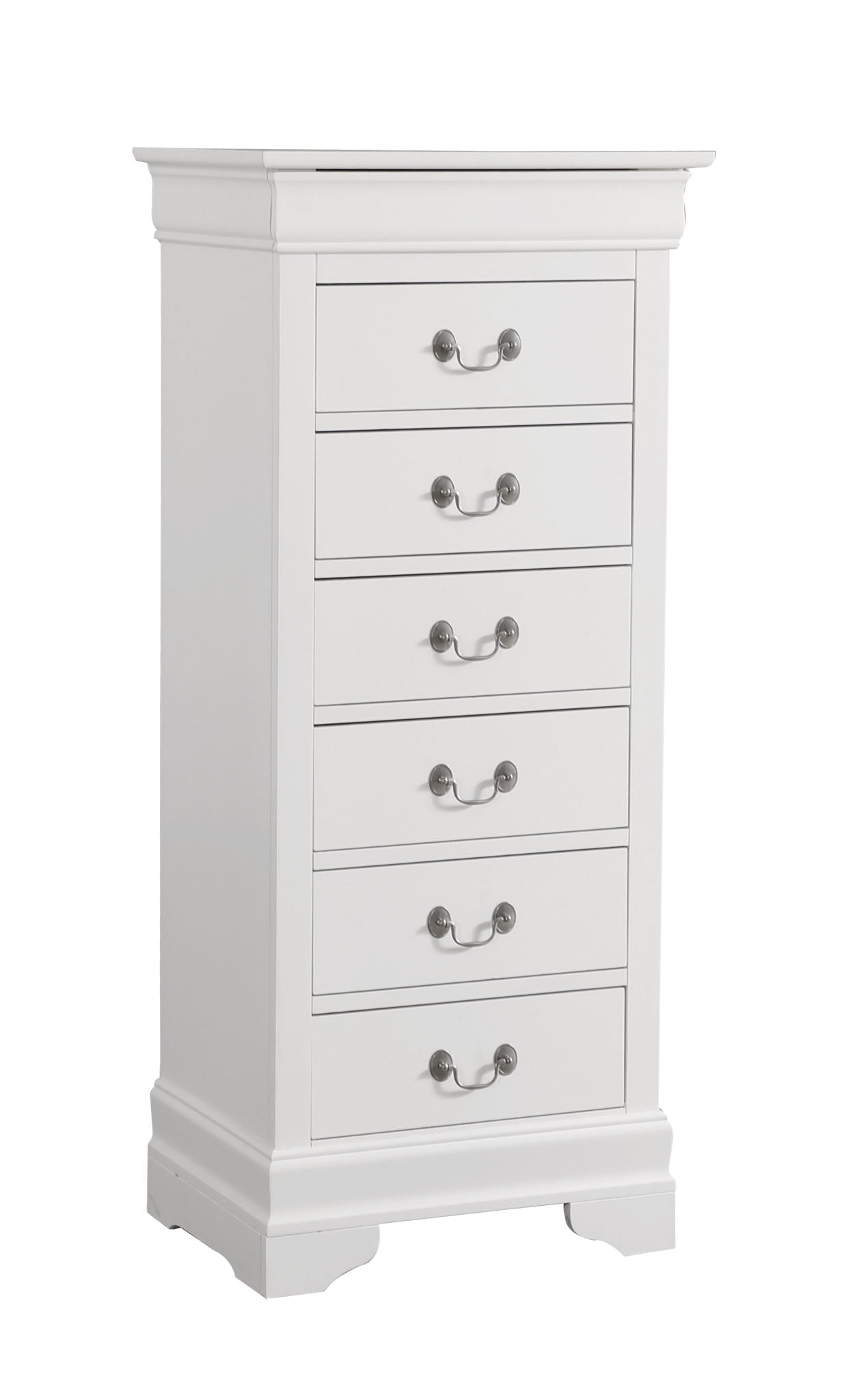 The Traditional Style Lingerie Storage Chest Timeless is a tall, white wooden dresser with six drawers, silver handles, a crown molding top, and a sturdy base in a classic design.