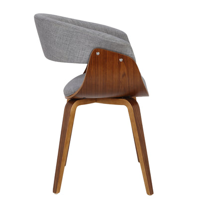 Side view of the Vintage Mod - Mid Century Modern Dining Chair (Set of 2), featuring a curved light gray upholstered seat and backrest, wooden frame and legs with a smooth natural finish, and visible metal fasteners on the backrest.