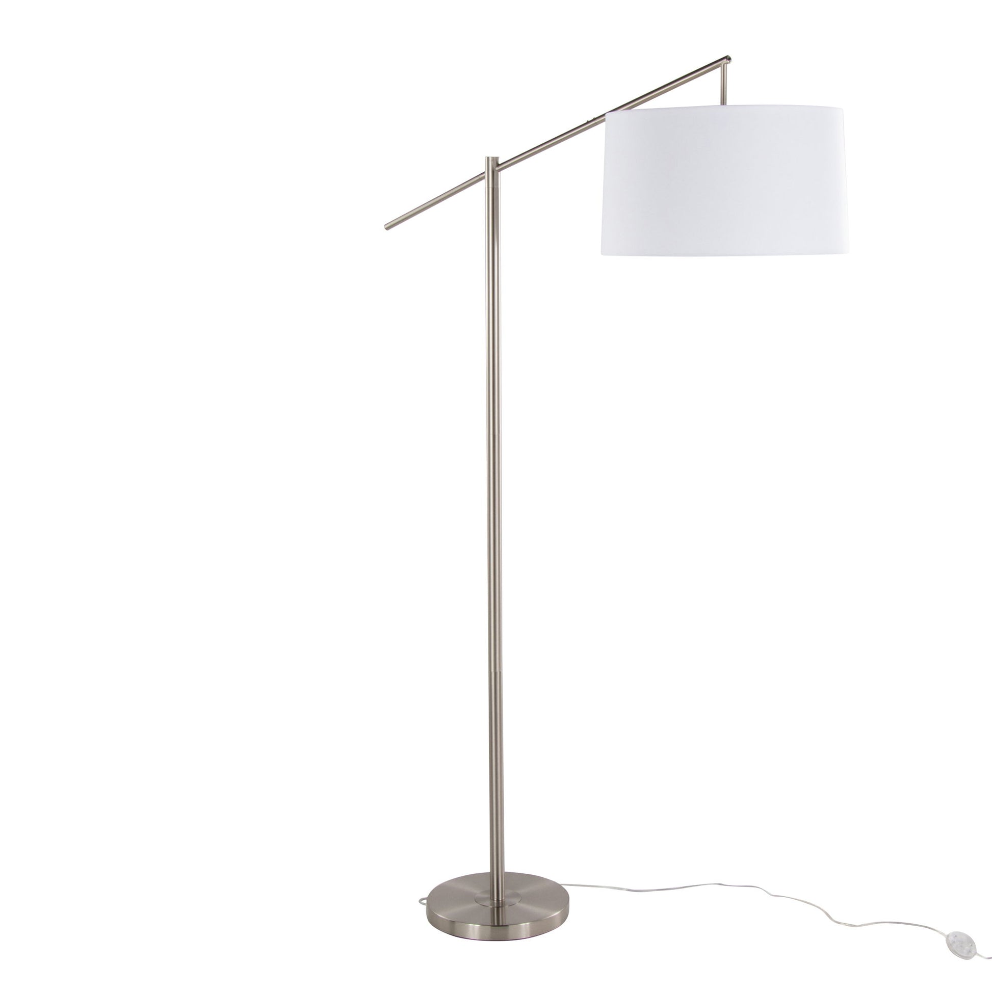 The Casper - Contemporary Floor Lamp features a metallic stand, circular base, angled horizontal arm, and a large white drum lampshade with a visible electrical cord on the floor.