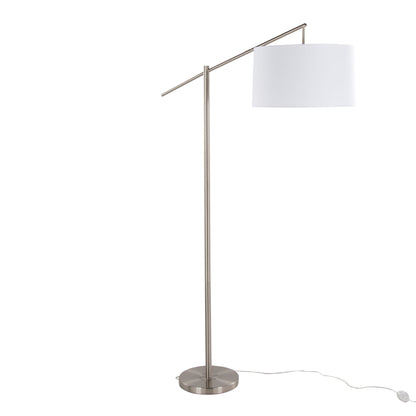 The Casper - Contemporary Floor Lamp features a metallic stand, circular base, angled horizontal arm, and a large white drum lampshade with a visible electrical cord on the floor.