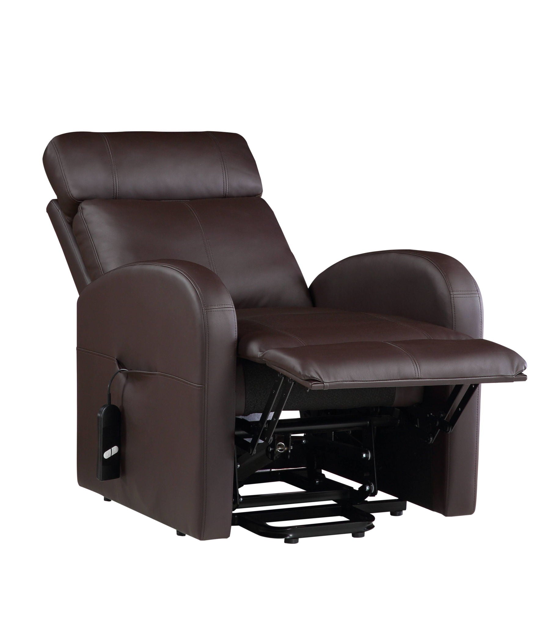 Ricardo - Power Motion Recliner With Lift in dark brown leather features wide padded armrests, an extended footrest, and a remote control stored in a side pocket, shown against a plain white background.