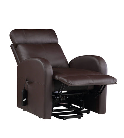 Ricardo - Power Motion Recliner With Lift in dark brown leather features wide padded armrests, an extended footrest, and a remote control stored in a side pocket, shown against a plain white background.