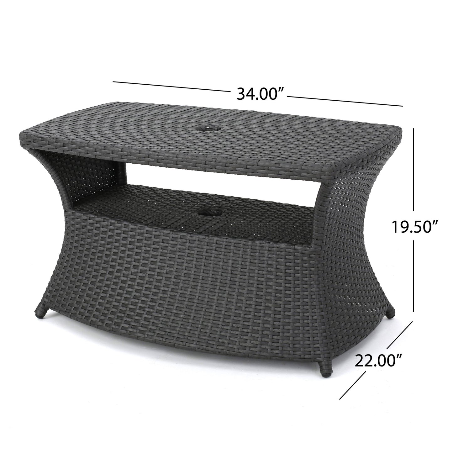 The Berkeley - Chaise Lounge Side Table is a rectangular, woven outdoor table in dark gray with curved sides, an open middle shelf, and measures 34"W x 22"D x 19.5"H.