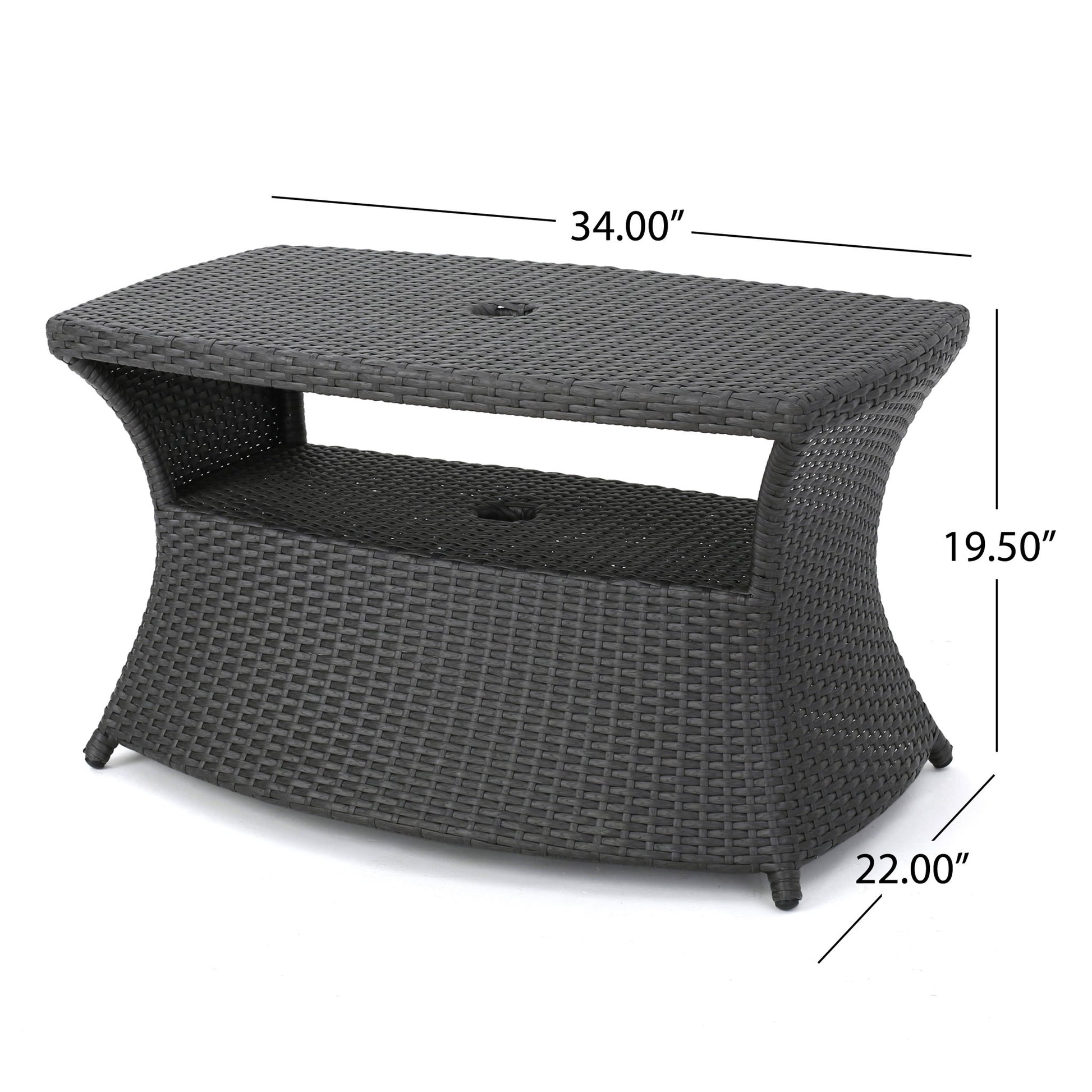 The Berkeley - Chaise Lounge Side Table is a rectangular, woven outdoor table in dark gray with curved sides, an open middle shelf, and measures 34"W x 22"D x 19.5"H.