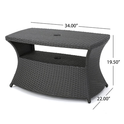 The Berkeley - Chaise Lounge Side Table is a rectangular, woven outdoor table in dark gray with curved sides, an open middle shelf, and measures 34"W x 22"D x 19.5"H.