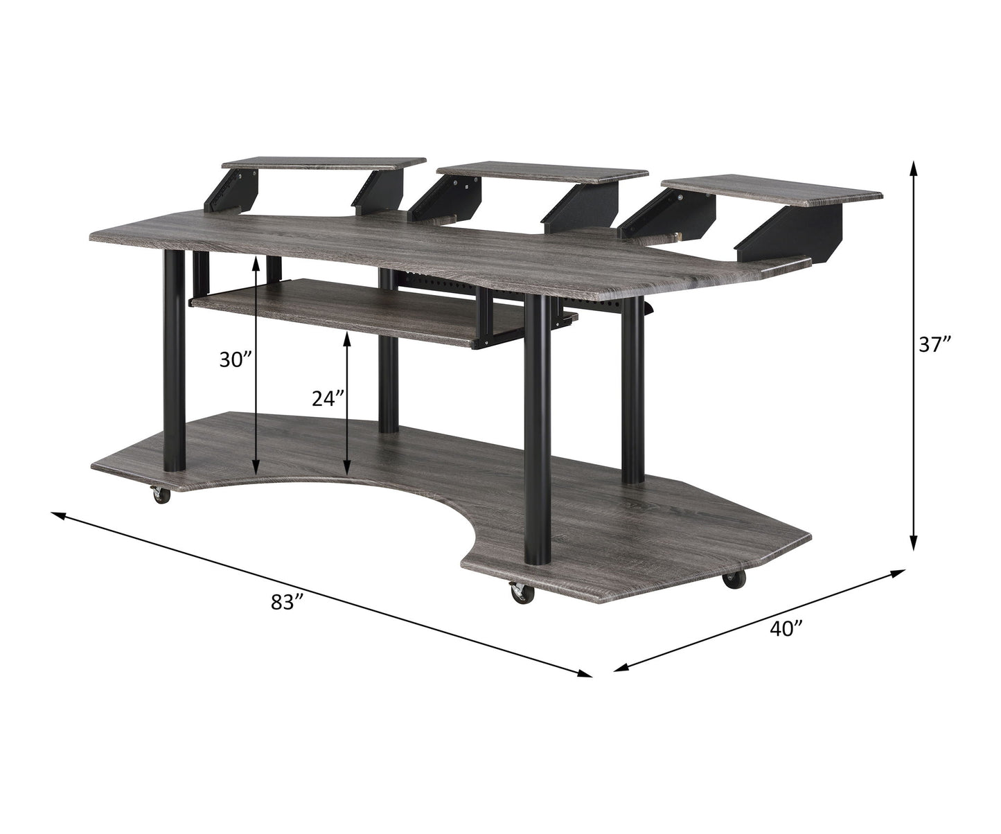 The Eleazar Music Recording Studio Desk features a spacious modern design with elevated monitor shelves, a keyboard tray, and black metal legs. Dimensions: 83"W x 40"D x 30"H (desk), 24" shelf height, 37" overall height.