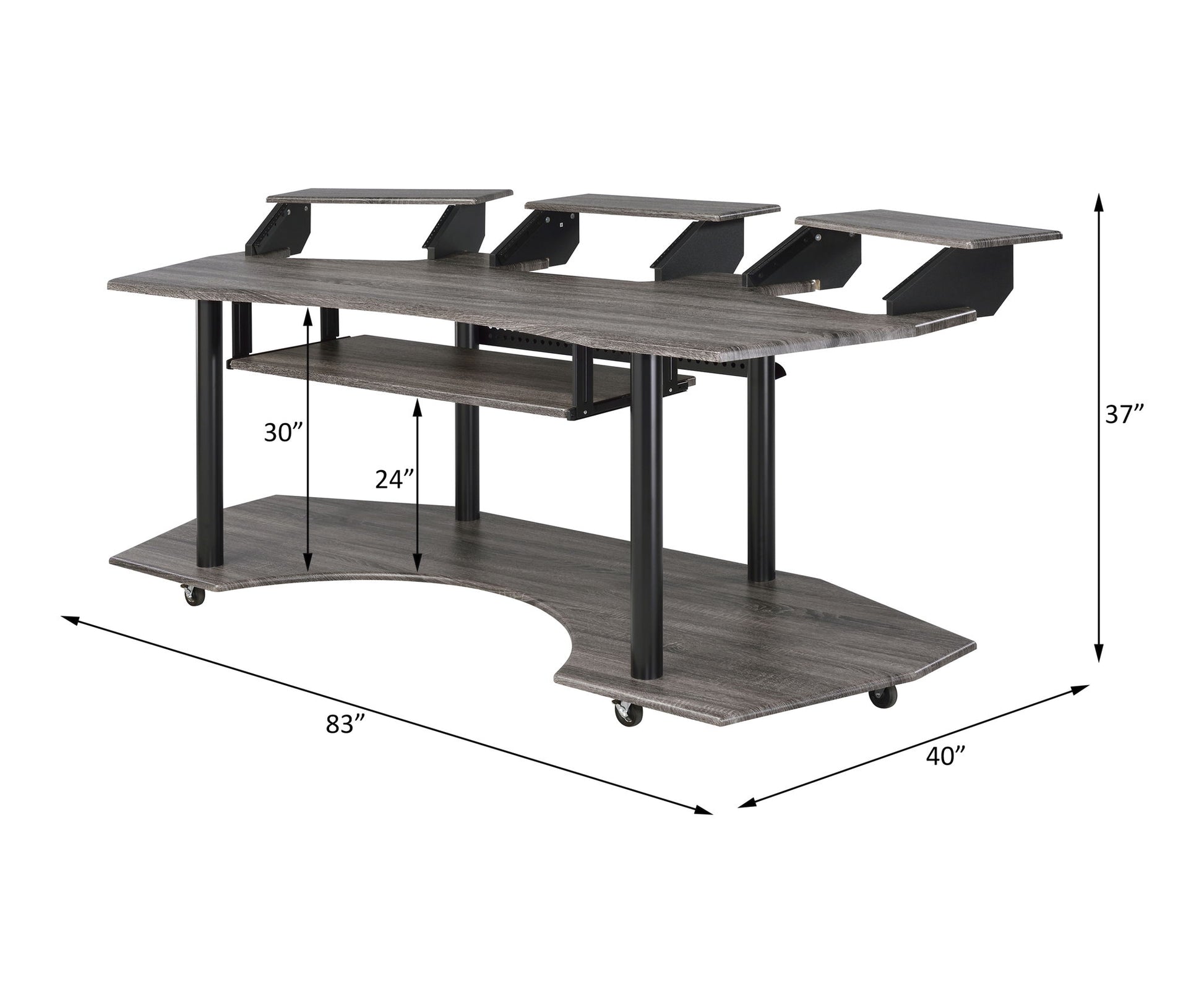 The Eleazar Music Recording Studio Desk features a spacious modern design with elevated monitor shelves, a keyboard tray, and black metal legs. Dimensions: 83"W x 40"D x 30"H (desk), 24" shelf height, 37" overall height.