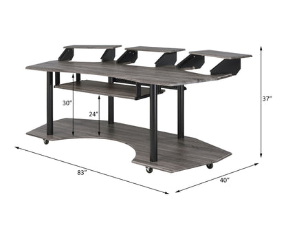 The Eleazar Music Recording Studio Desk features a spacious modern design with elevated monitor shelves, a keyboard tray, and black metal legs. Dimensions: 83"W x 40"D x 30"H (desk), 24" shelf height, 37" overall height.