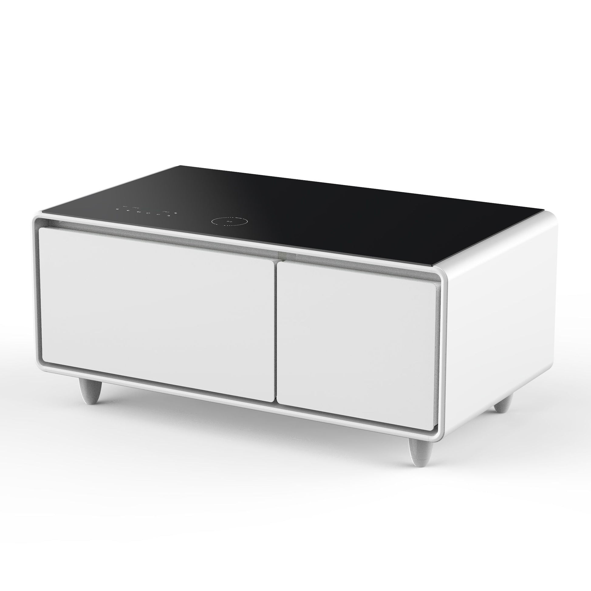 The Modern Smart Coffee Table features a sleek black top, white sides, touch control panel, two drawers, and short legs. It offers a built-in fridge, Bluetooth speaker, wireless charging, USB ports, outlet protection, and atmosphere light.