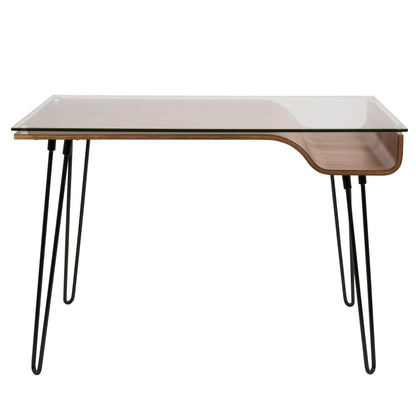 The Avery Mid-Century Modern Desk features a clear glass top, walnut curved base, four black metal hairpin legs, and a distinctive cut-out on the right side beneath the surface.