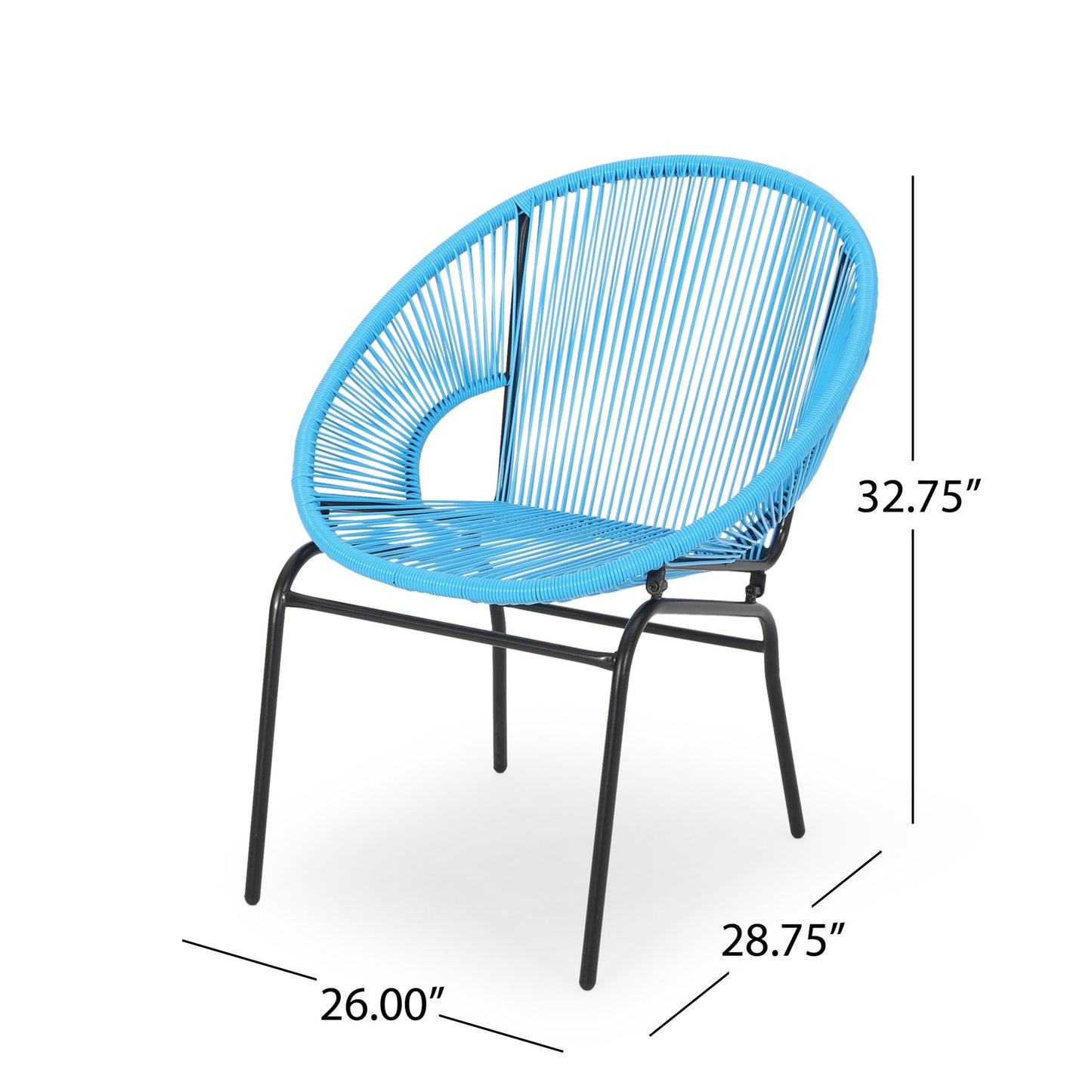 The Nusa Modern Chair Outdoor Seating features a rounded back, black metal legs, and a blue finish. Dimensions: 32.75" H x 28.75" D x 26" W.