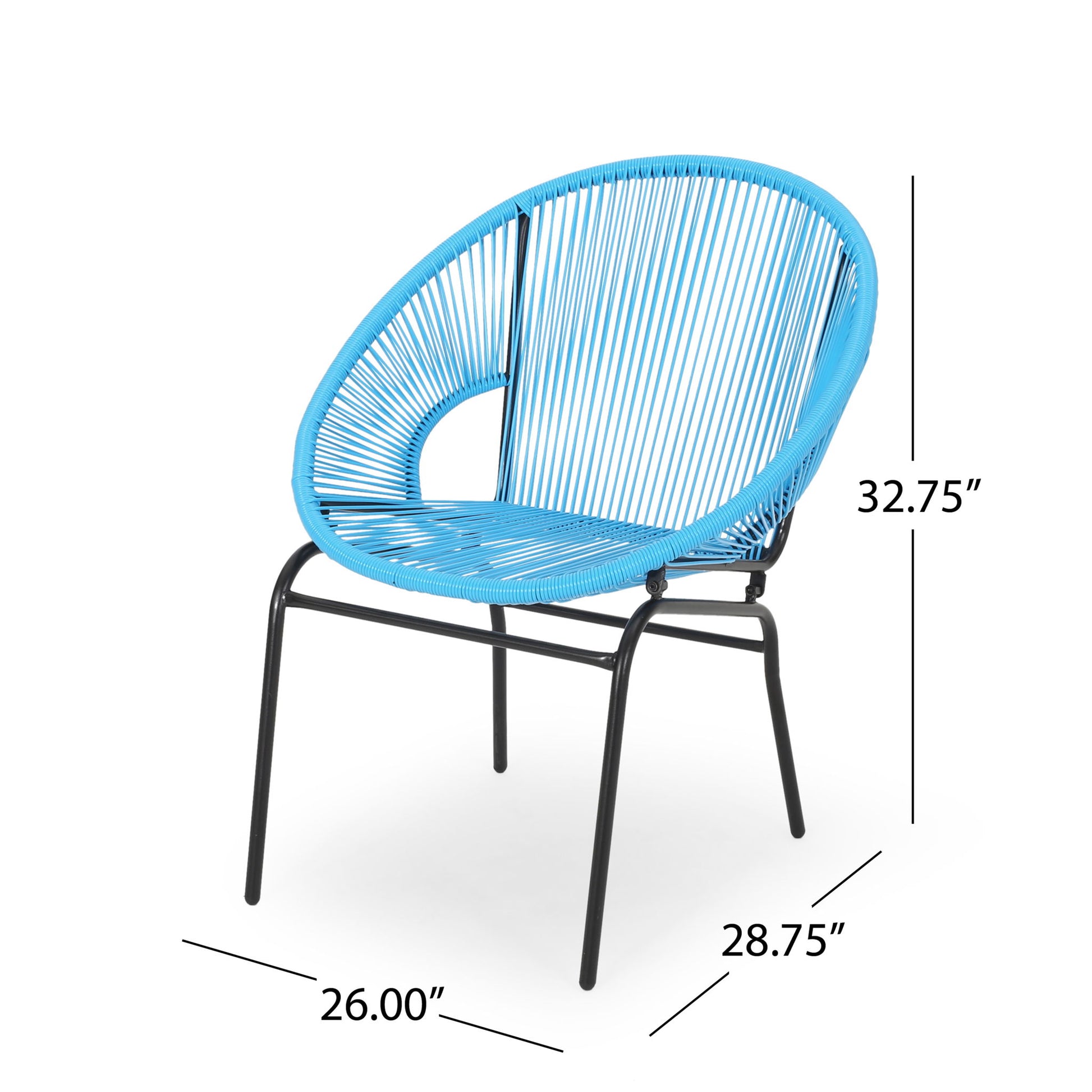 The Nusa Modern Chair Outdoor Seating features a rounded back, black metal legs, and a blue finish. Dimensions: 32.75" H x 28.75" D x 26" W.