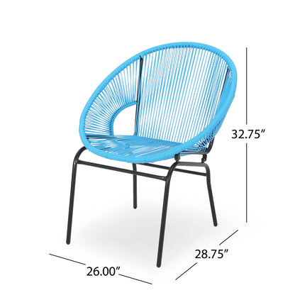 The Nusa Modern Chair Outdoor Seating features a rounded back, black metal legs, and a blue finish. Dimensions: 32.75" H x 28.75" D x 26" W.