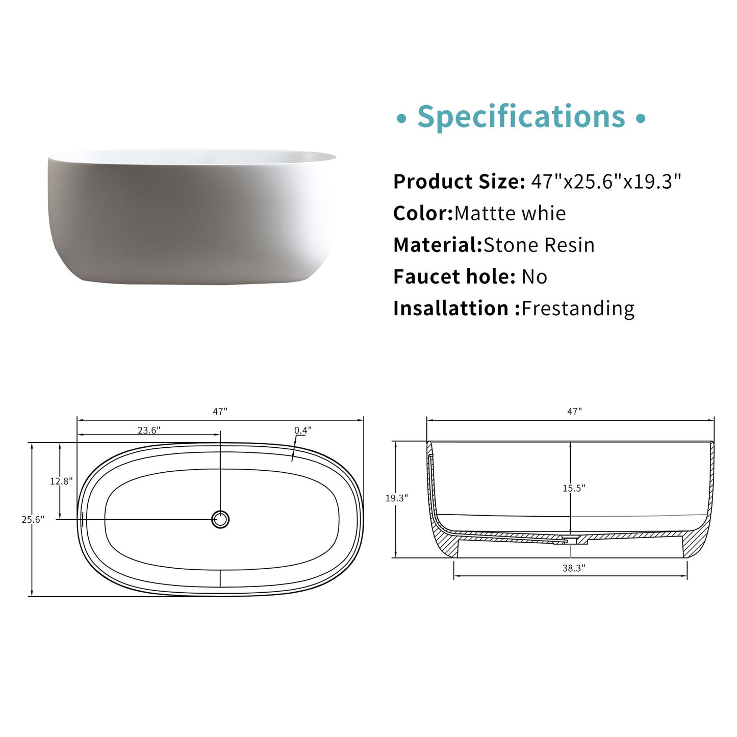 Independent Solid Surface Resin Stone Bathtub, modern matte white design, 47"x25.6"x19.3". Includes pop-up drainage, overflow pipes, top/side technical drawings. No faucet hole. Ideal for small households. Specifications shown on the right.