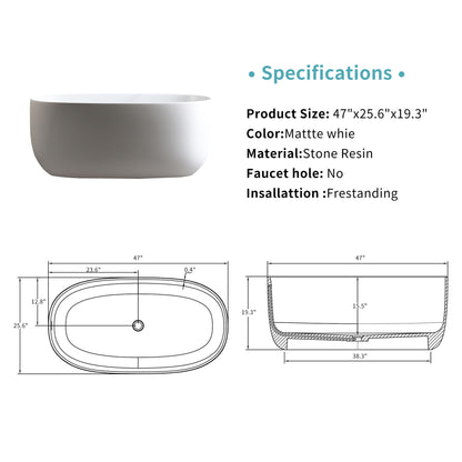 Independent Solid Surface Resin Stone Bathtub, modern matte white design, 47"x25.6"x19.3". Includes pop-up drainage, overflow pipes, top/side technical drawings. No faucet hole. Ideal for small households. Specifications shown on the right.