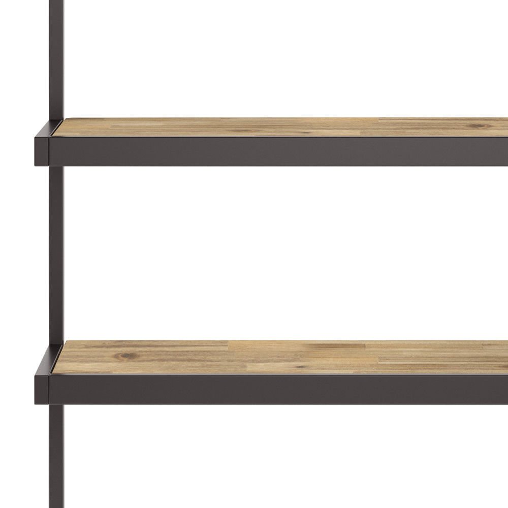 A close-up view of the Erina - Handcrafted Bookcase, featuring two empty wooden shelves with black metal frames, aligned vertically against a plain white background.