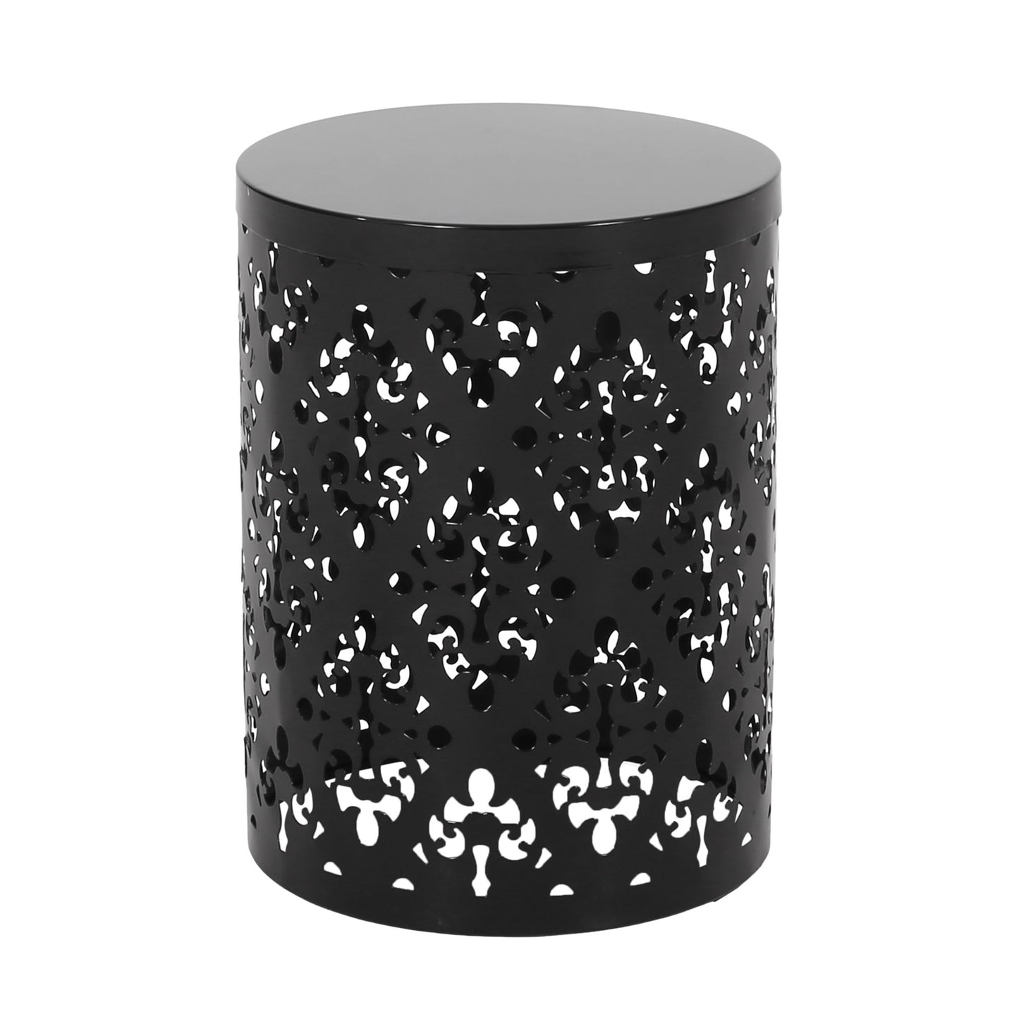 The Outdoor Metal Modern Design End Table is a round black side table featuring a solid top and intricate, decorative cutout patterns on its cylindrical metal base.