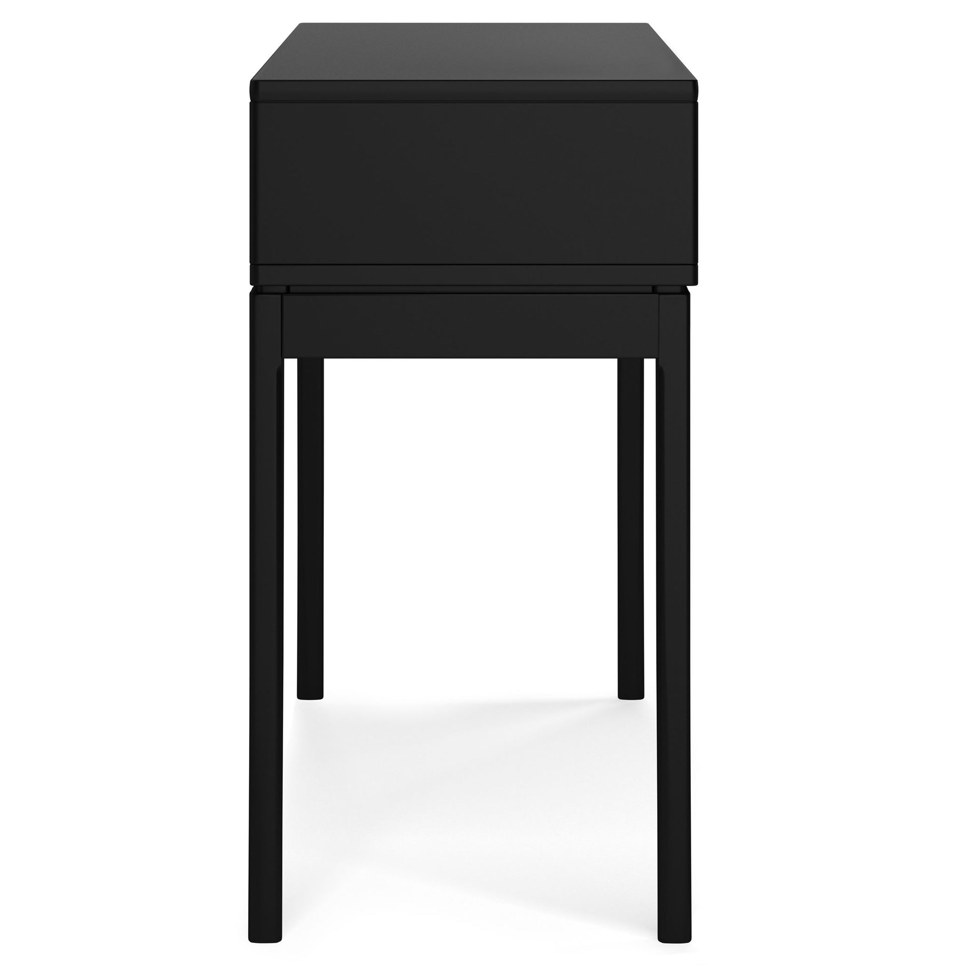 The Harper Handcrafted Console Sofa Table features a black, modern rectangular design with a single drawer, four straight legs, and minimalist style, shown from the front.