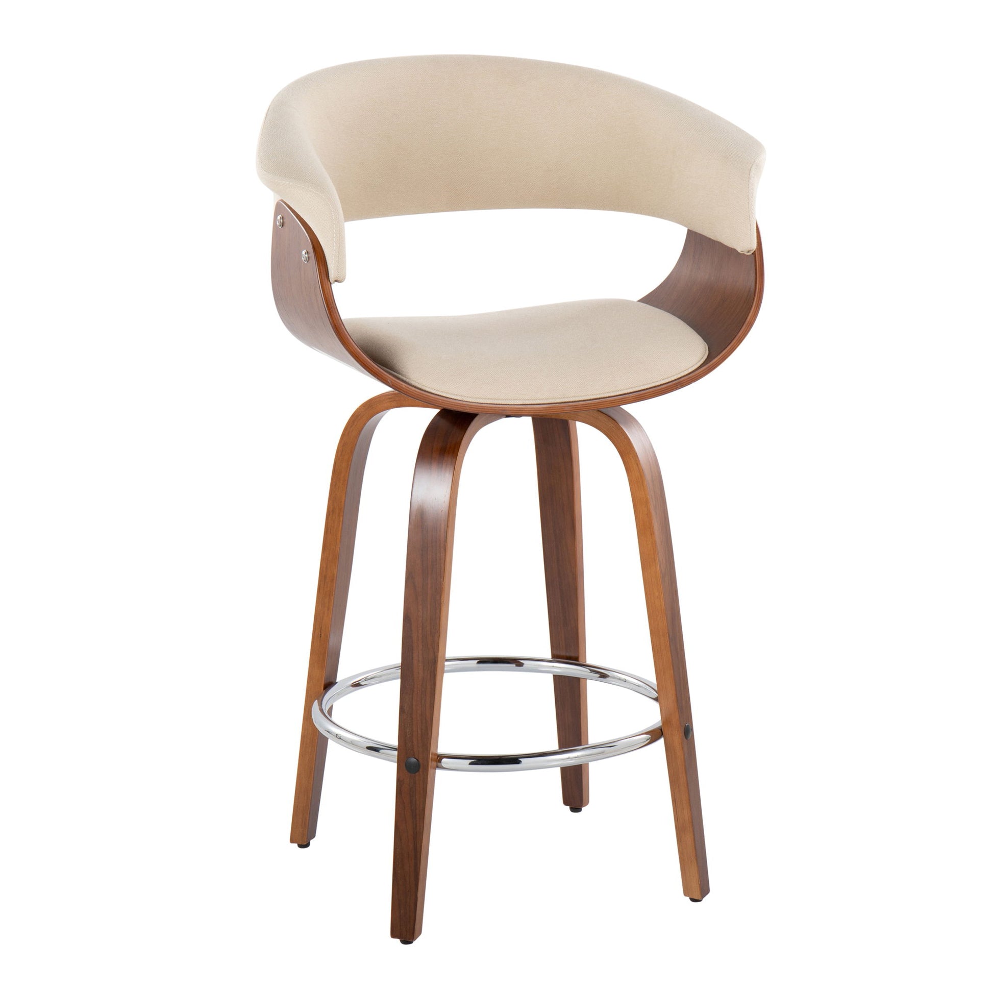 The Vintage Mod Mid Century Modern Fixed Height Counter Stool features curved wooden legs, a rounded backrest, beige cushioned seat and back, and a round chrome footrest. Set of 2 stools shown against a white background.