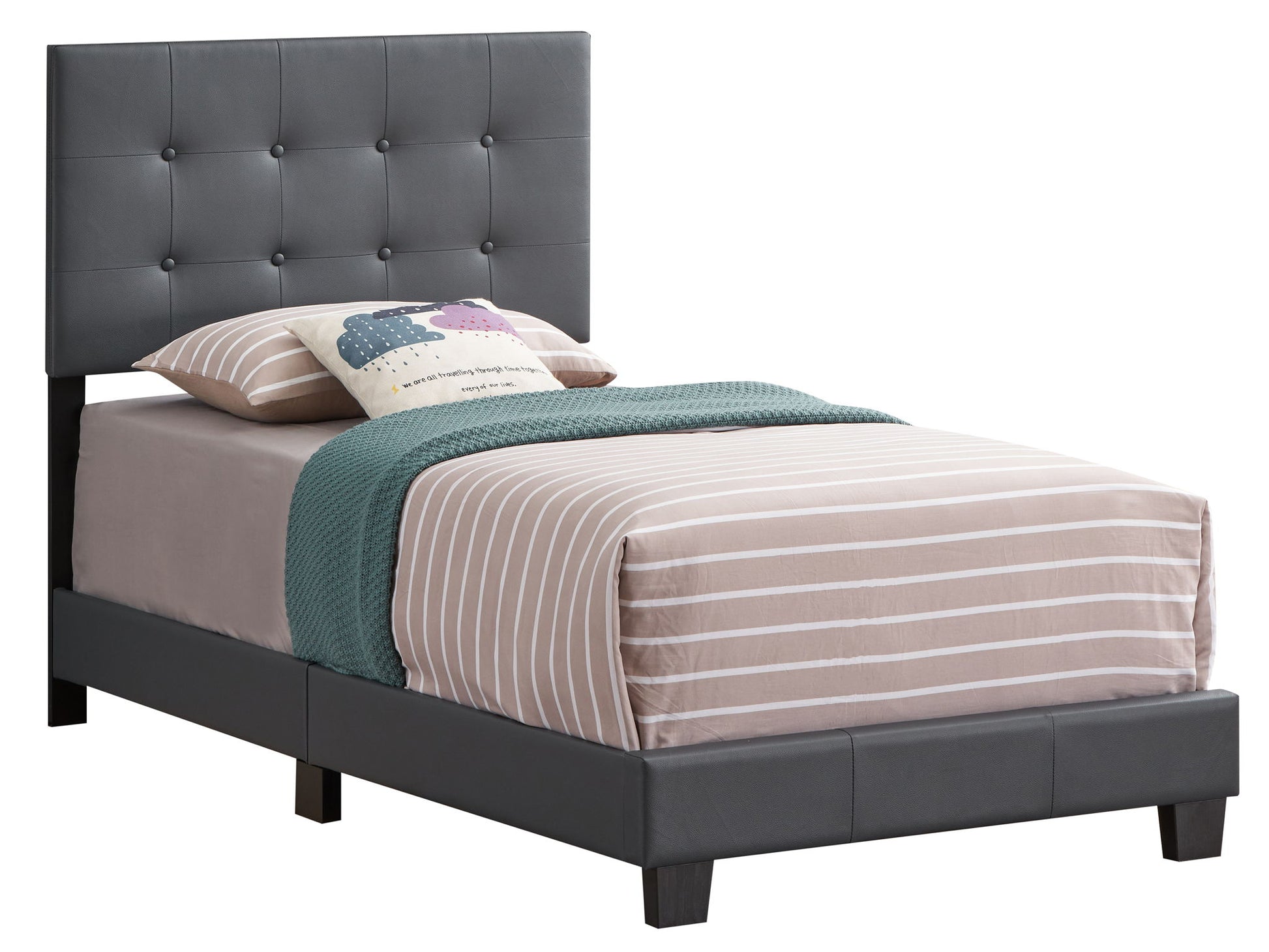 The Caldwell - Bed features a dark gray upholstered headboard and base, light brown and white striped bedding, a teal blanket, and two pillows, including one with a cloud design.