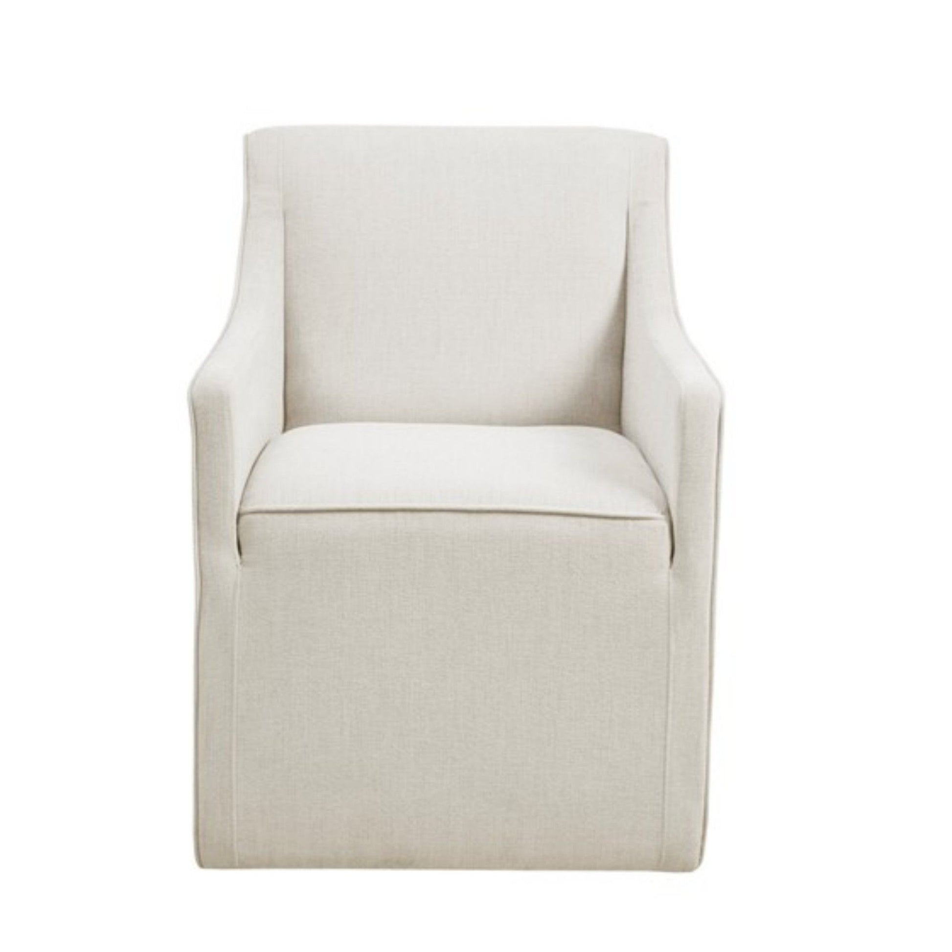 Front view of the Traditional Skirted Dining Arm Chair in light beige upholstery, featuring a boxy shape, straight arms, a cushioned seat, and a classic skirted base, set against a plain white background.