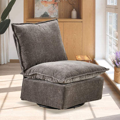 The Detachable Chenille Single 360 Swivel Rocking Rocker offers comfortable seating in a sunlit room with wooden floors, a light wood cabinet, and large windows. A vase with lavender sits on the windowsill.
