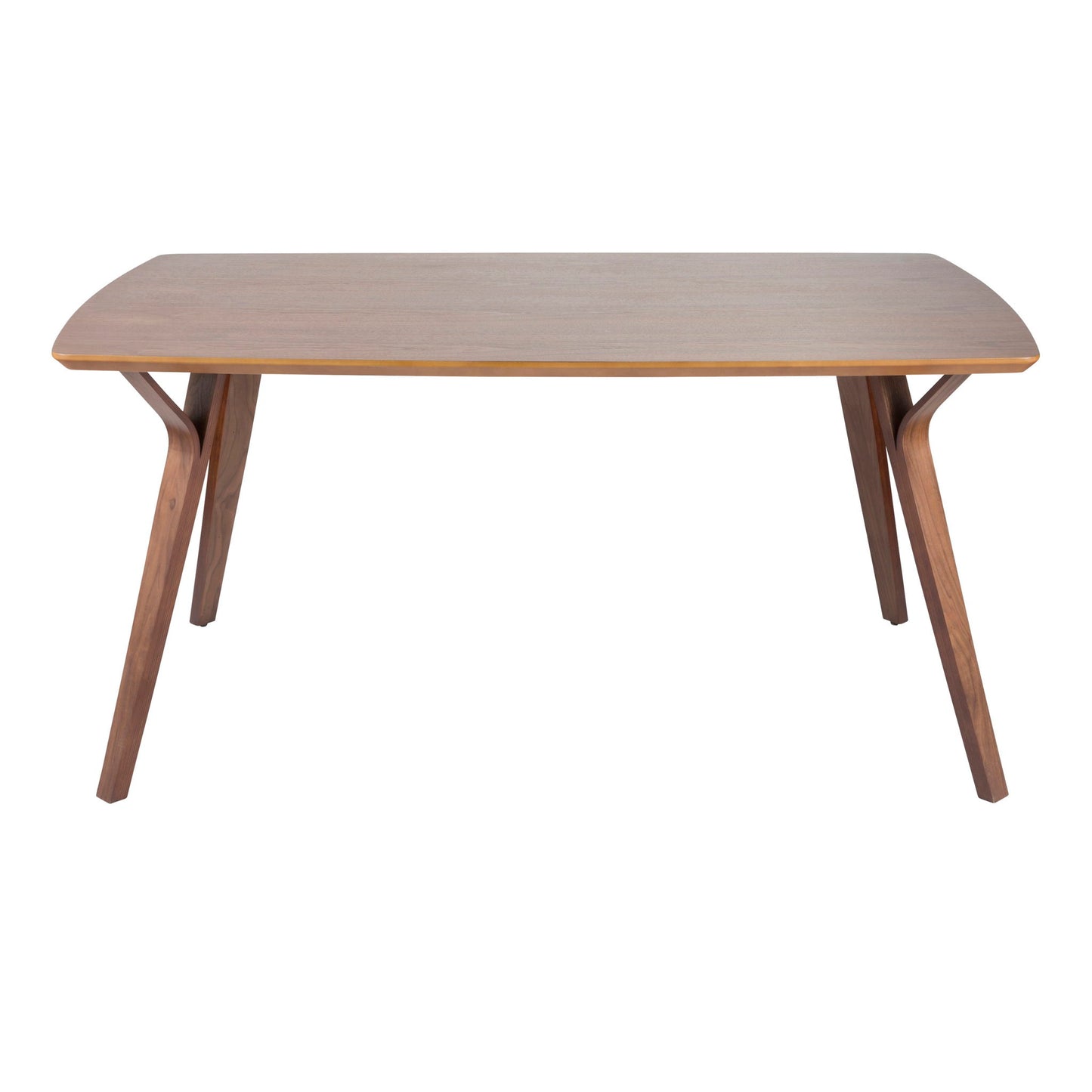The Folia - Mid Century Modern Dining Table features a rectangular wooden design with gently curved edges and four angled legs, displayed against a white background.