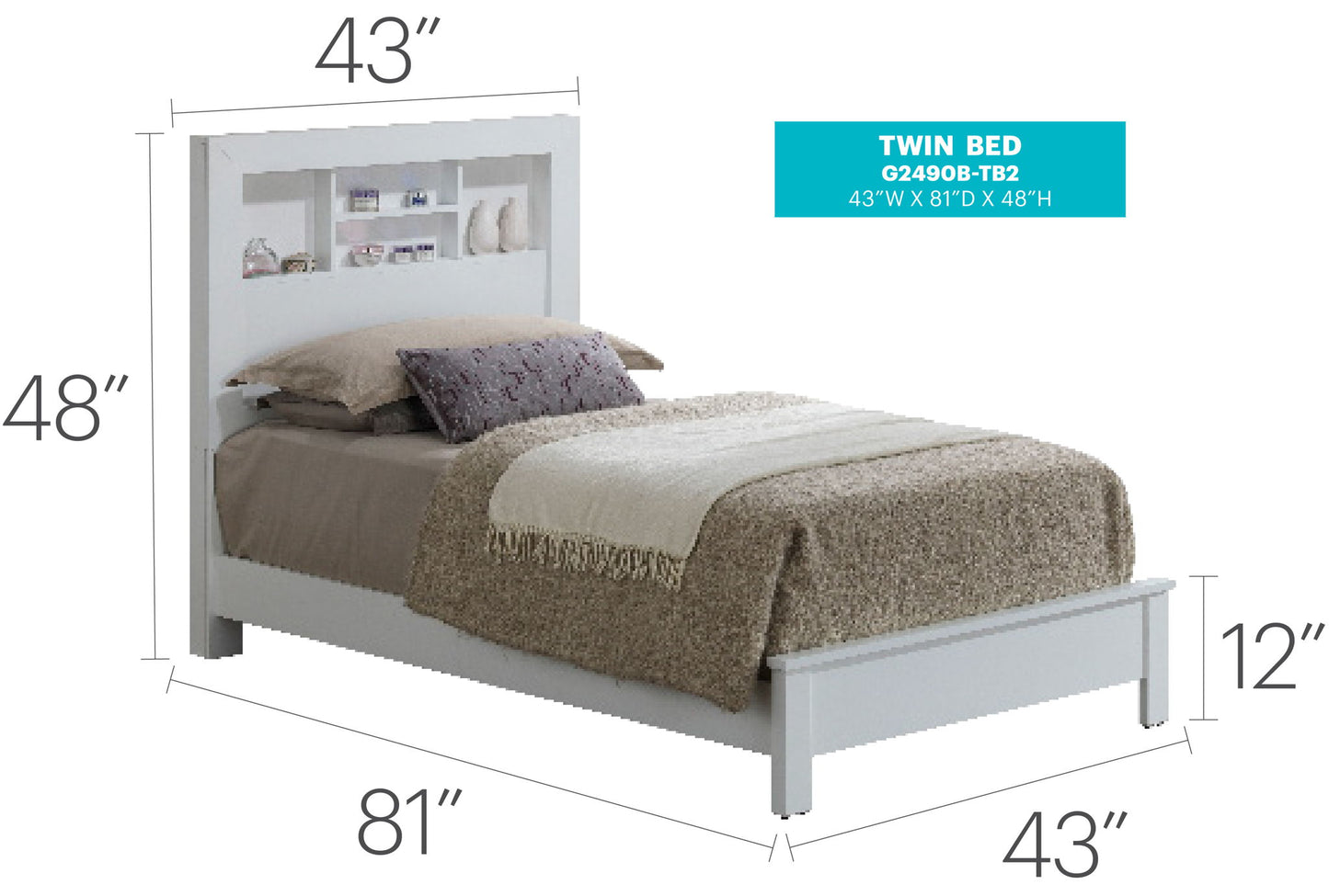 The Bed With Transitional Design Stylish is a white twin bed featuring a bookshelf headboard, beige bedding, and pillows. Dimensions: 43"W x 81"L x 48"H (headboard), footboard height is 12".