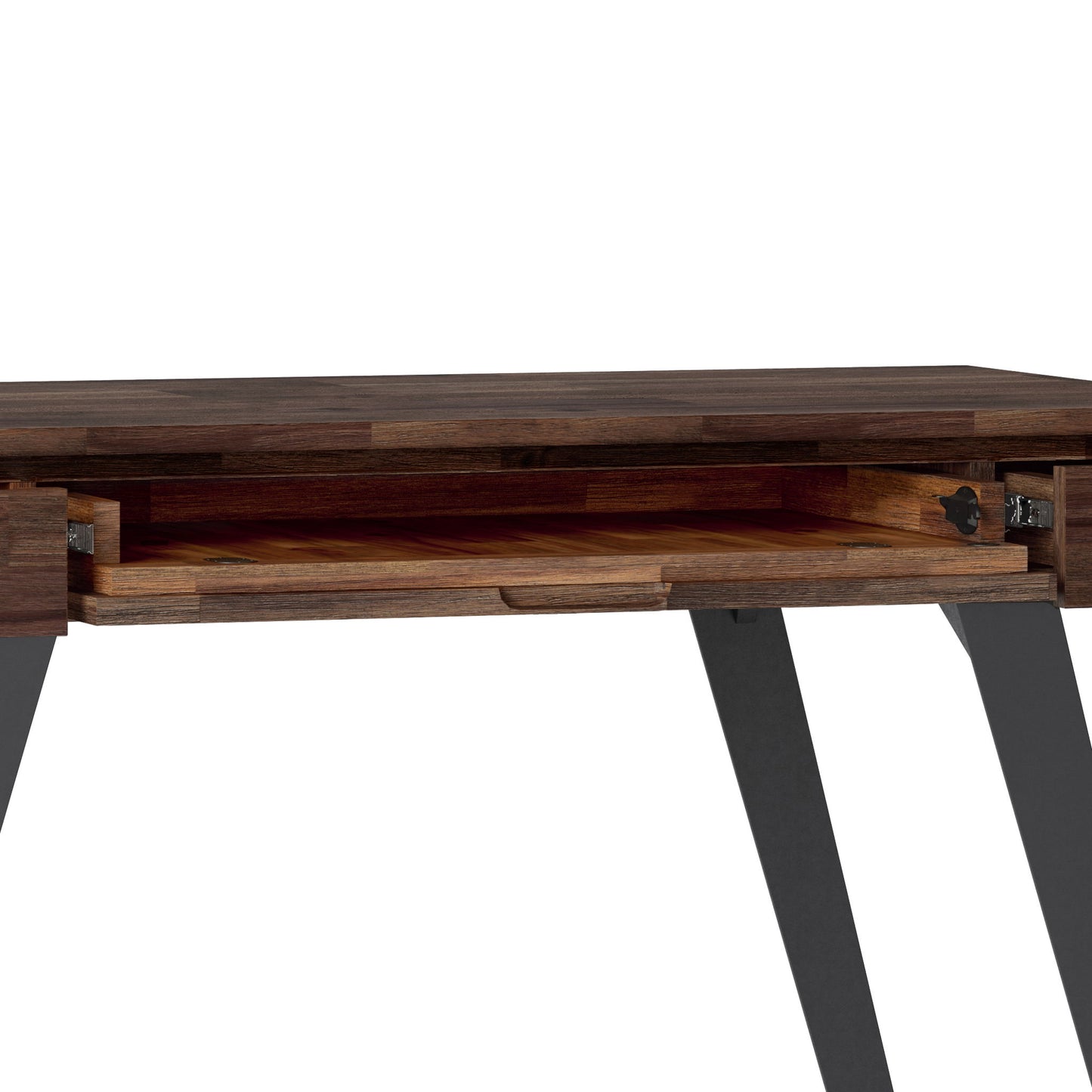 A close-up of the Lowry - Handcrafted Desk features a pull-out keyboard tray partially open, supported by black angled metal legs.