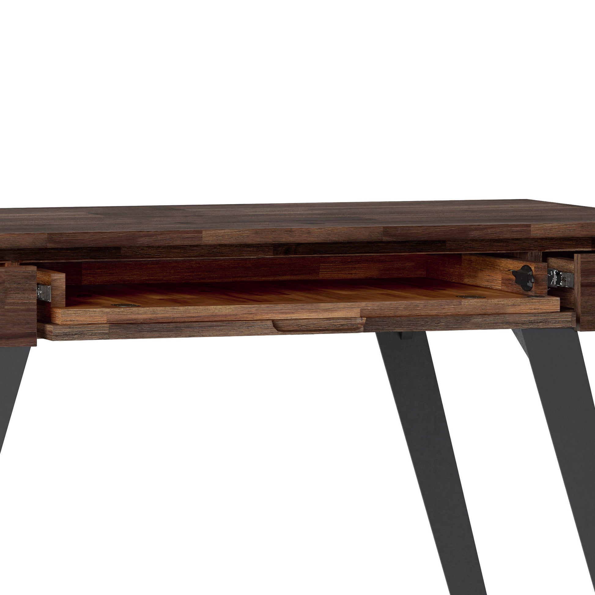 A close-up of the Lowry - Handcrafted Desk features a pull-out keyboard tray partially open, supported by black angled metal legs.