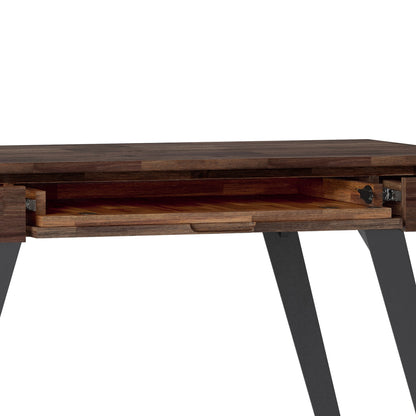 A close-up of the Lowry - Handcrafted Desk features a pull-out keyboard tray partially open, supported by black angled metal legs.
