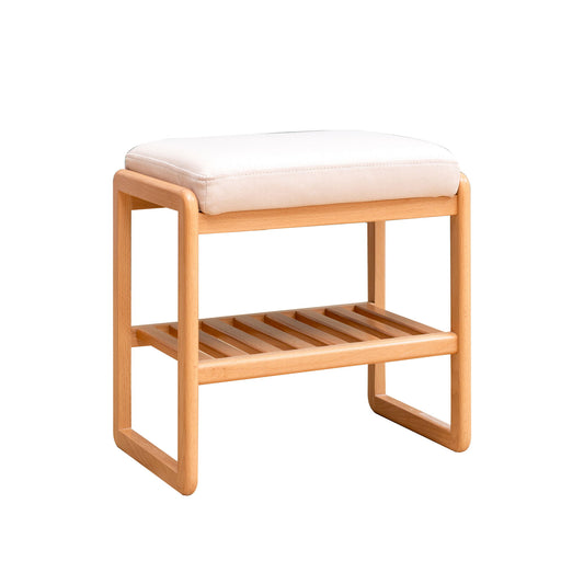 The Shoe Bench is a beech wood storage rack organizer with a natural finish, featuring a high rebound sponge cushion seat and an open slatted shelf underneath, displayed against a white background.