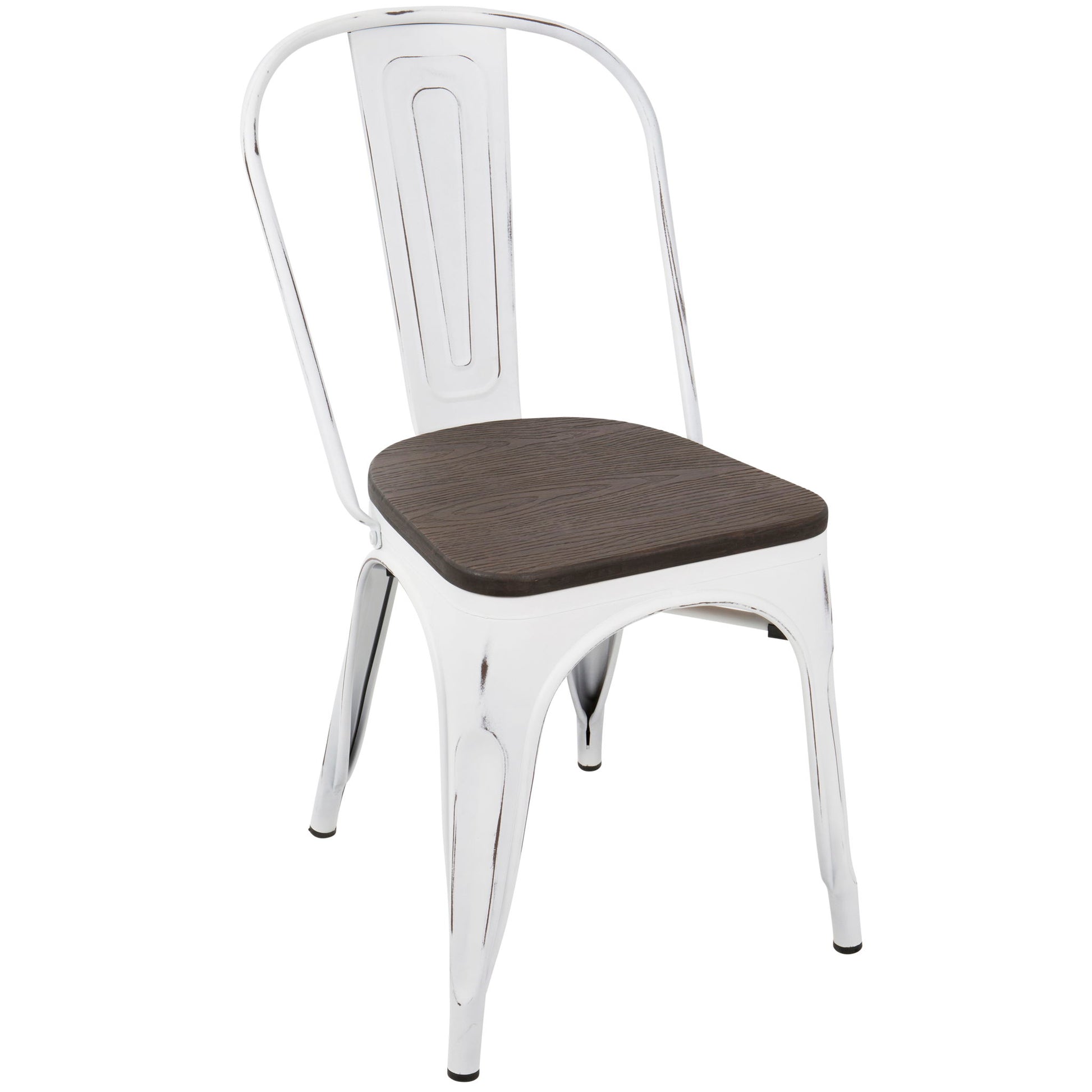 The Oregon - Industrial Farmhouse Stackable Dining Chair (Set of 2) features a white metal frame, curved backrest, dark wooden seat, and a distressed vintage finish.