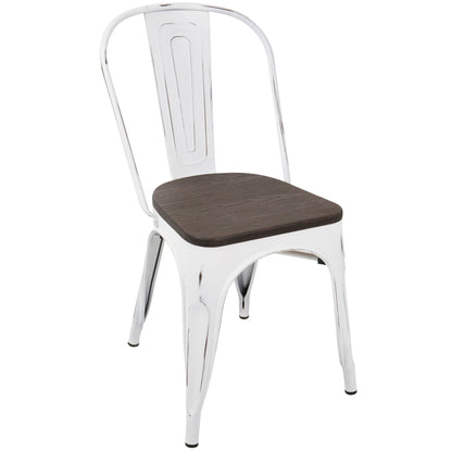 The Oregon - Industrial Farmhouse Stackable Dining Chair (Set of 2) features a white metal frame, curved backrest, dark wooden seat, and a distressed vintage finish.