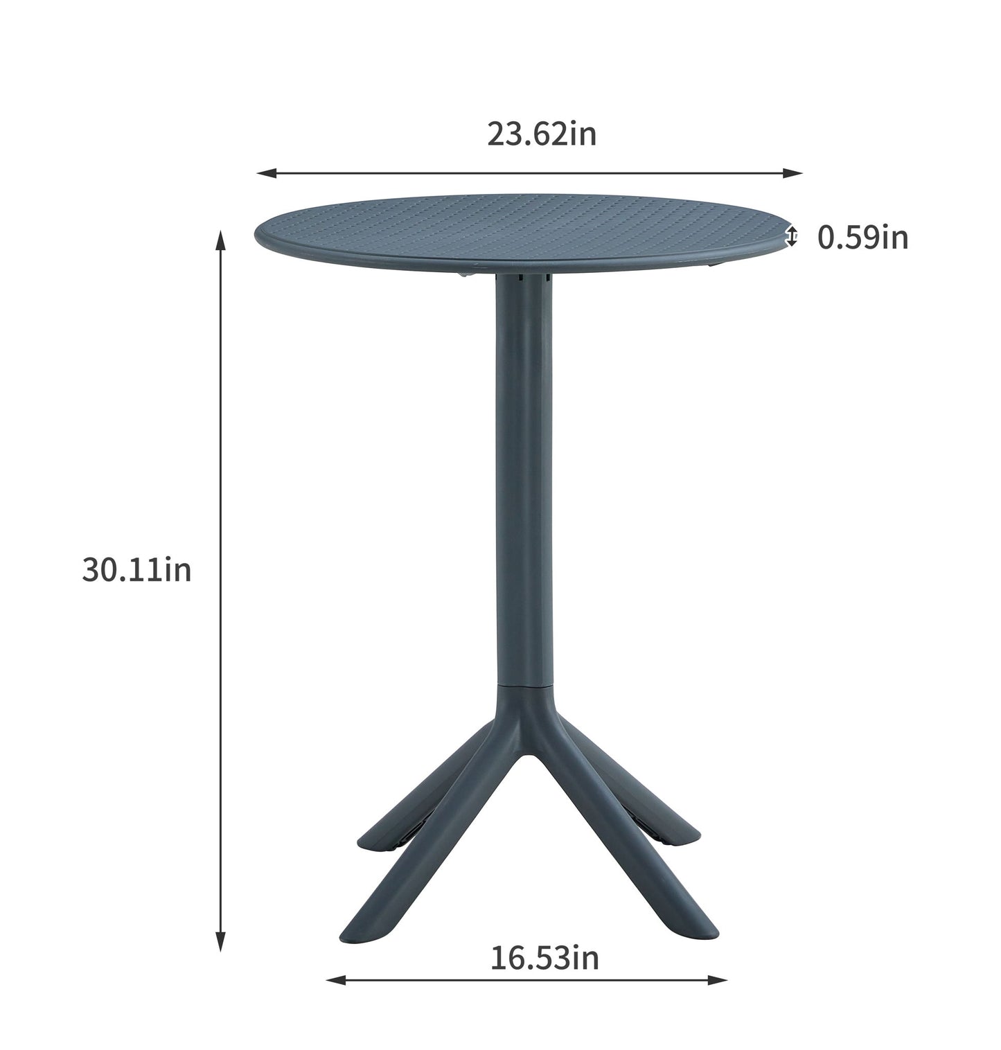 The 3 Piece Plastic Arm Chair Bistro Grs Premium Ocean Plastic set features a round, dark table with a textured top, central support, and four splayed legs. Dimensions: 23.62" diameter, 0.59" thick top, 30.11" height, and 16.53" leg span.