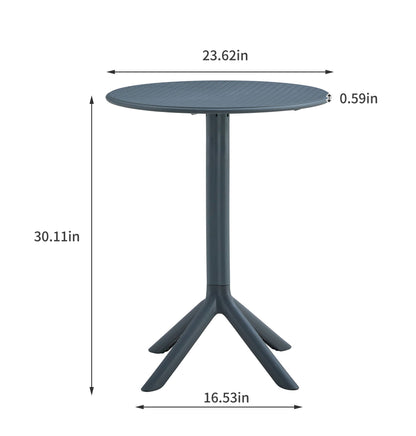The 3 Piece Plastic Arm Chair Bistro Grs Premium Ocean Plastic set features a round, dark table with a textured top, central support, and four splayed legs. Dimensions: 23.62" diameter, 0.59" thick top, 30.11" height, and 16.53" leg span.