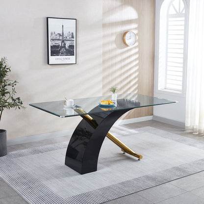 A modern dining room with a Stylish Dining Room Table, Luxury Glass Top Dining Table in black, plus a mug, pastry plate, small plant, large window, wall clock, framed Eiffel Tower photo, and potted plant.