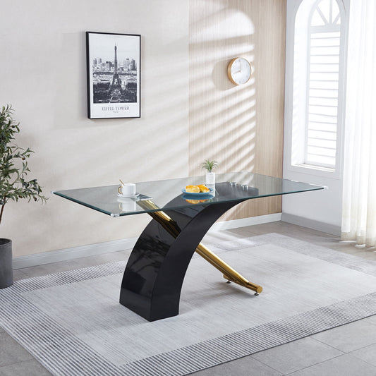 A modern dining room with a Stylish Dining Room Table, Luxury Glass Top Dining Table in black, plus a mug, pastry plate, small plant, large window, wall clock, framed Eiffel Tower photo, and potted plant.