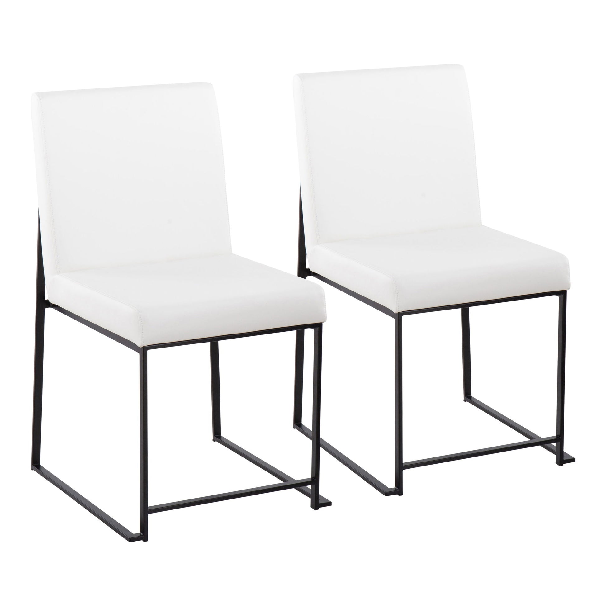 The Fuji set of 2 dining chairs features contemporary modern elegance with high backs, white cushioned seats and backs, minimalist black metal frames, and open rectangular legs, shown against a plain white background.