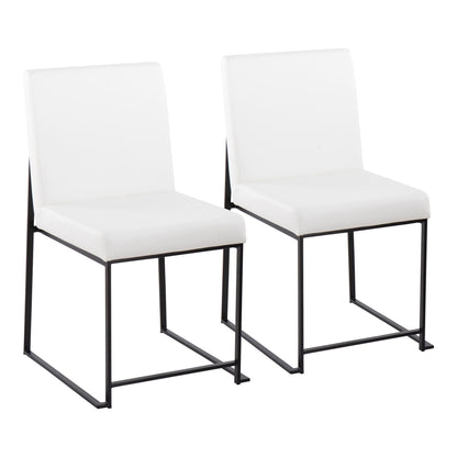 The Fuji set of 2 dining chairs features contemporary modern elegance with high backs, white cushioned seats and backs, minimalist black metal frames, and open rectangular legs, shown against a plain white background.
