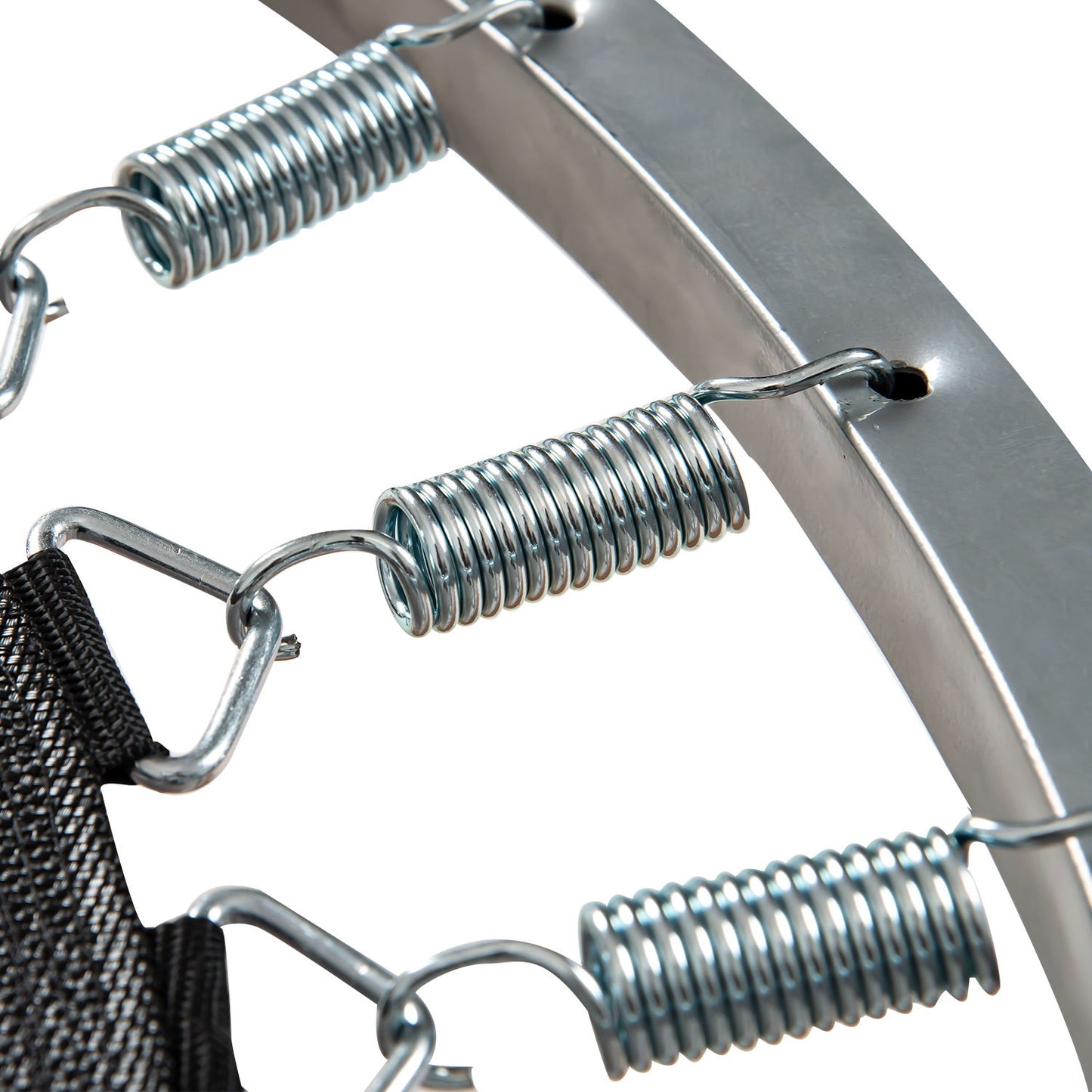 Close-up of four tightly coiled metal springs securely attached to the frame and black fabric of the Kangle Store Trampoline With Handle, showing part of its sturdy structure.