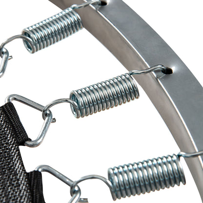 Close-up of four tightly coiled metal springs securely attached to the frame and black fabric of the Kangle Store Trampoline With Handle, showing part of its sturdy structure.