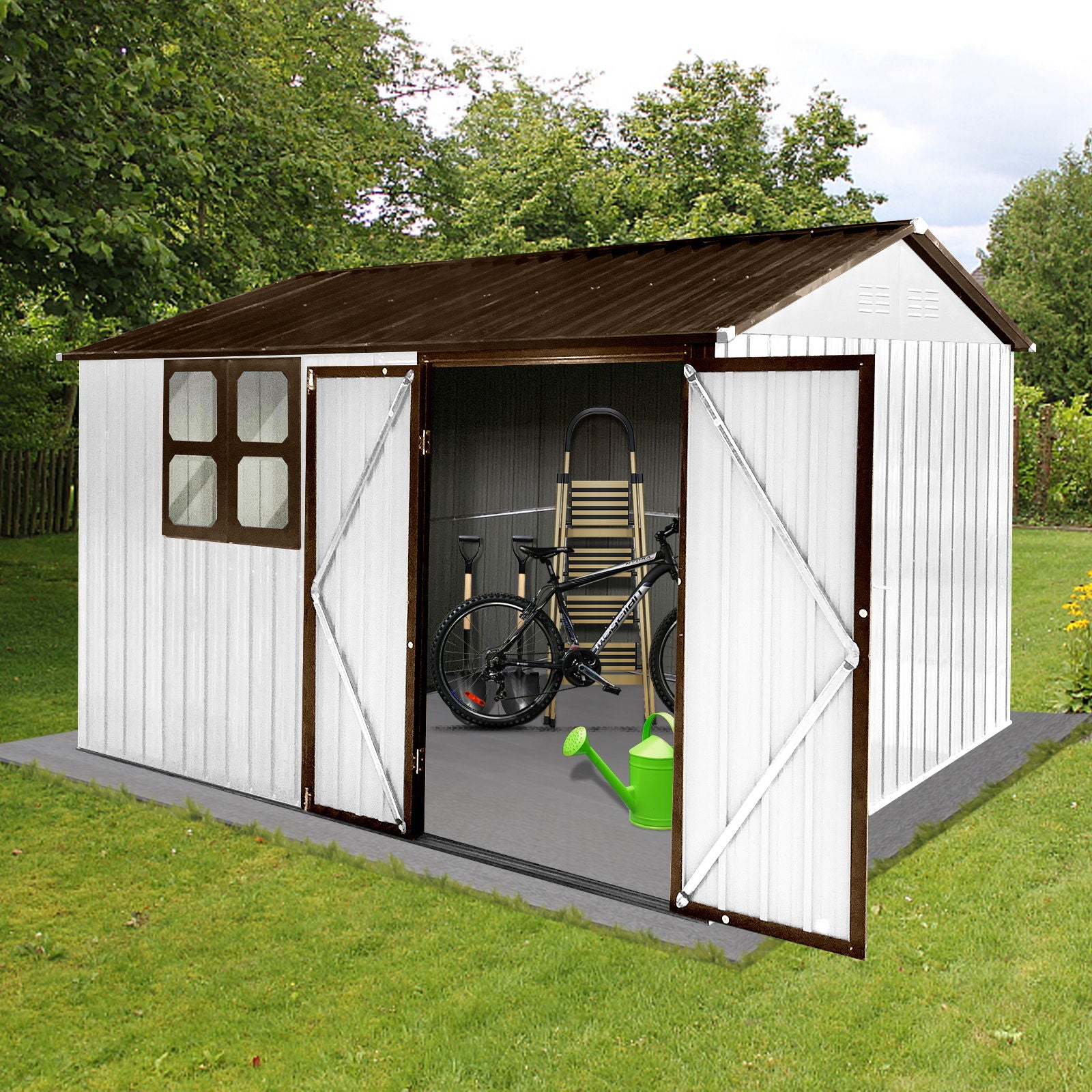 The 10' x 8' Garden Sheds Outdoor Storage Sheds With Window opens to reveal a black bicycle, stacked wooden chairs, step ladder, and green watering can inside. The white metal shed sits on grass with trees behind it.