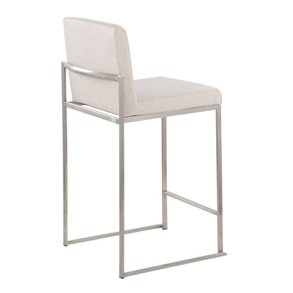 The Fuji Contemporary High Back Counter Stool features a brushed metal frame with a cushioned seat and backrest in light beige fabric, shown from an angled rear-side view for a stylish, functional design.
