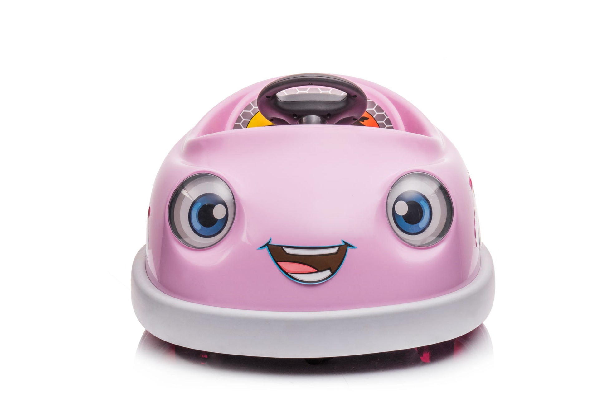 The Bumper Car For Kids is a pink 12V electric ride-on with large cartoon eyes, a smiling mouth, and a black steering wheel. Suitable for ages 1-6, it features anti-collision bumpers, pushrod dinner plate, USB BT music, and rocking horse mode.