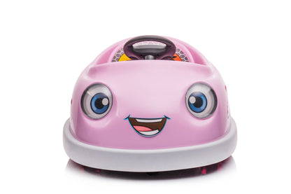 The Bumper Car For Kids is a pink 12V electric ride-on with large cartoon eyes, a smiling mouth, and a black steering wheel. Suitable for ages 1-6, it features anti-collision bumpers, pushrod dinner plate, USB BT music, and rocking horse mode.