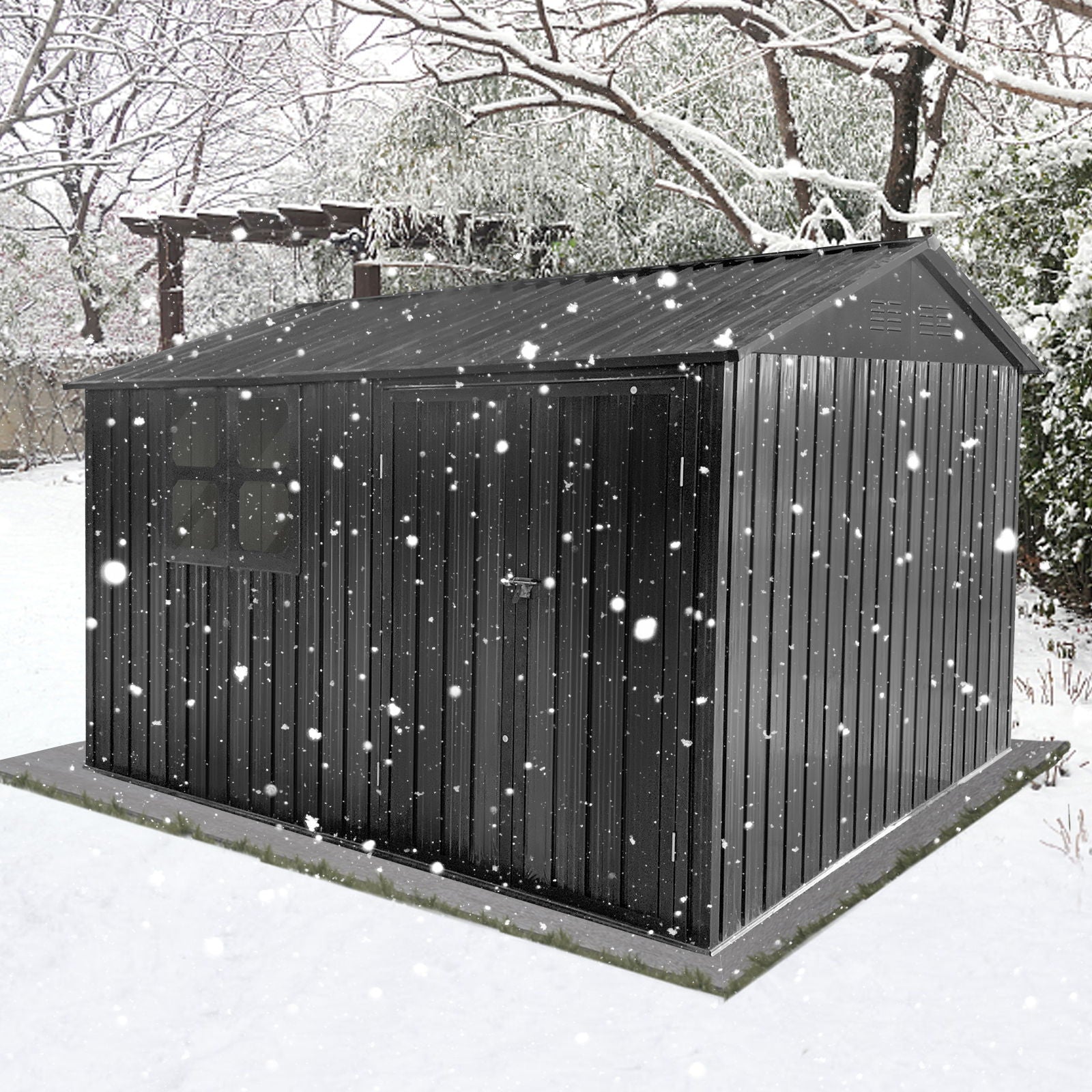 A 10' x 8' Garden Shed Outdoor Storage Shed with Window stands on a concrete foundation in a snow-covered backyard, with snow falling and trees in the background.
