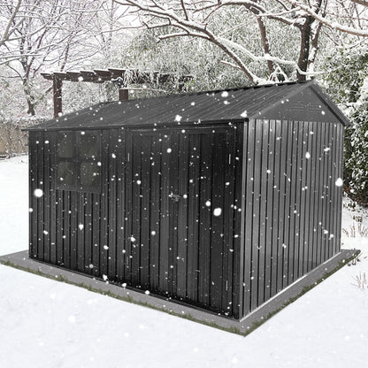 A 10' x 8' Garden Shed Outdoor Storage Shed with Window stands on a concrete foundation in a snow-covered backyard, with snow falling and trees in the background.