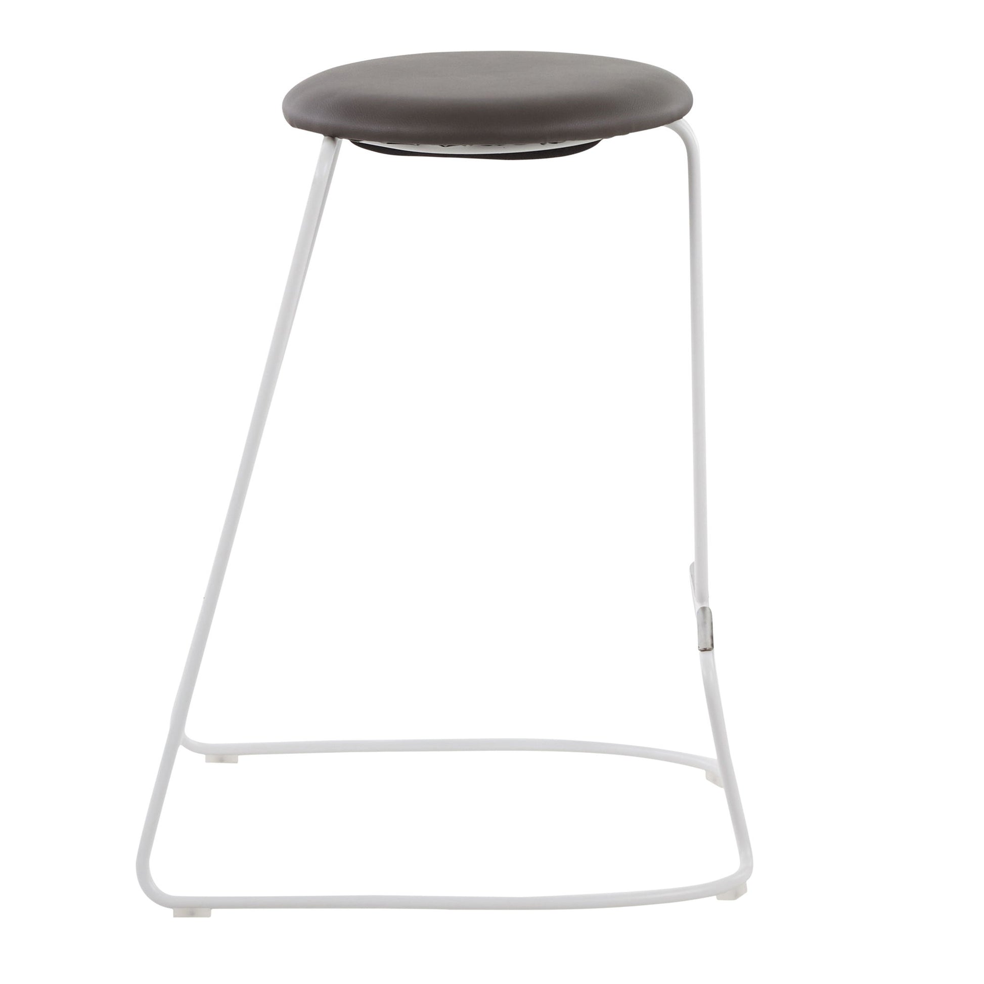 The Finn Contemporary Counter Stool (Set of 2) features a round, dark cushioned seat and a minimalist white metal frame with angled legs and a footrest, blending modern style with comfort.