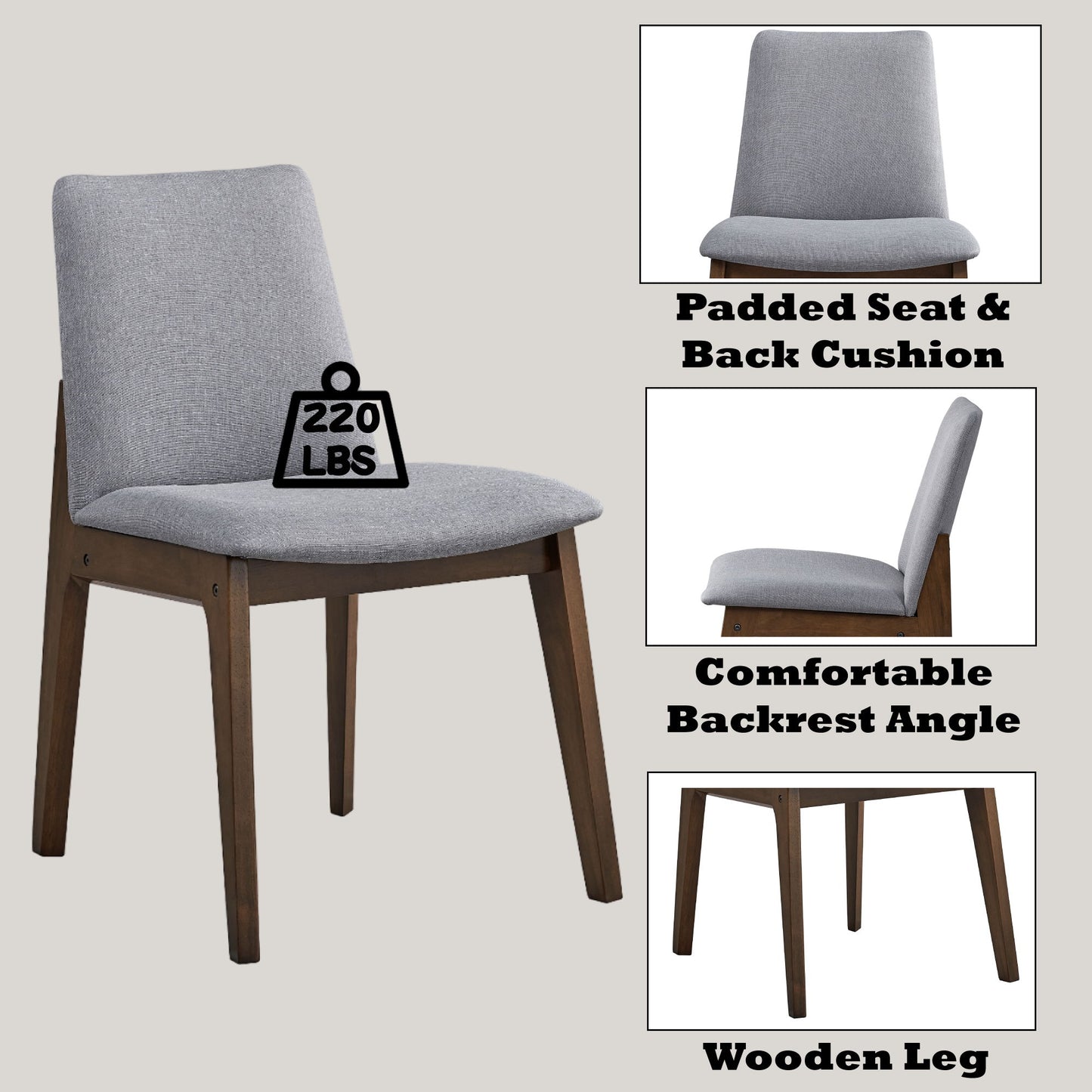 The Kaela Side Chair set (2) in light gray features padded seat and back cushions, sturdy wooden legs, 220 lbs weight capacity; side images showcase cushion details, backrest angle, and wood leg design.